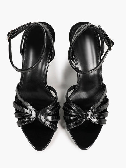 Women's Black Patent Knotted Strap Ankle Strap Block Heels Open Toe Dress Shoes
