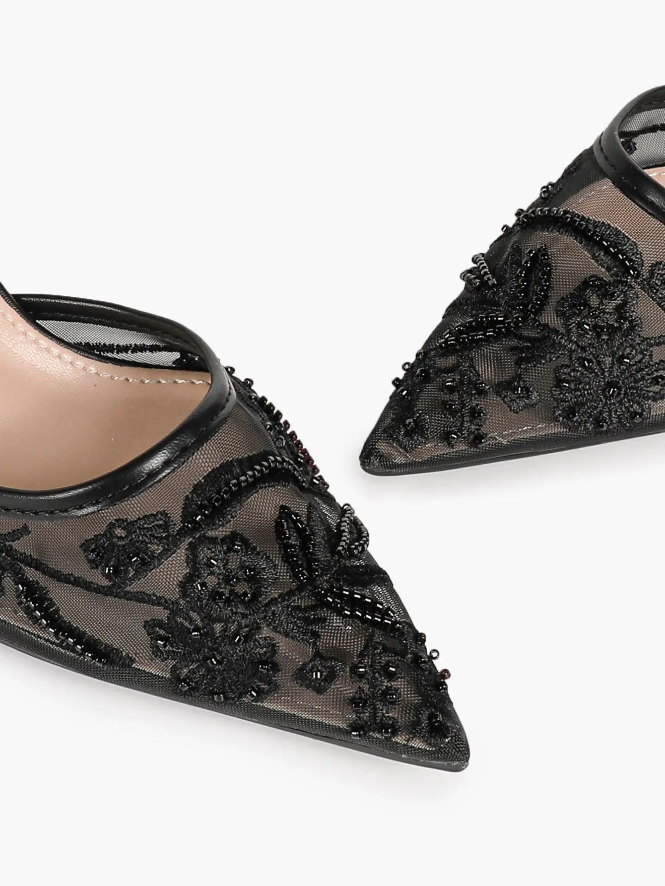 Black Mesh Floral Bead Embroidery Slingback Kitten Heels – Women's Pointed Toe Goblet Heel Mule YISHIFAN