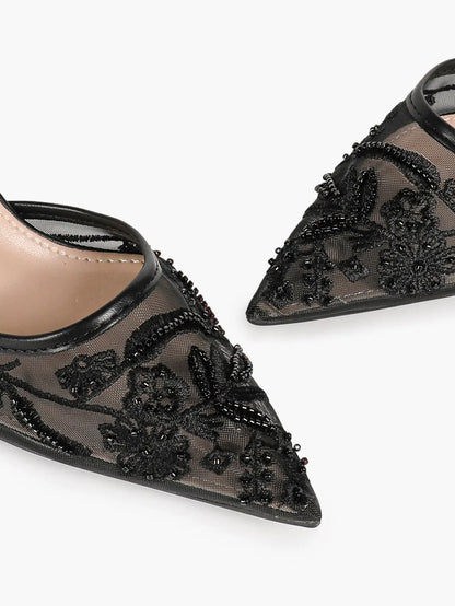 Black Mesh Floral Bead Embroidery Slingback Kitten Heels – Women's Pointed Toe Goblet Heel Mule YISHIFAN