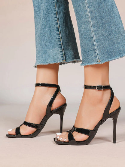 Women's Gold Leather Cross Strap Stiletto Heels 4.13 Inch Square Toe Ankle Strap Sandals YISHIFAN