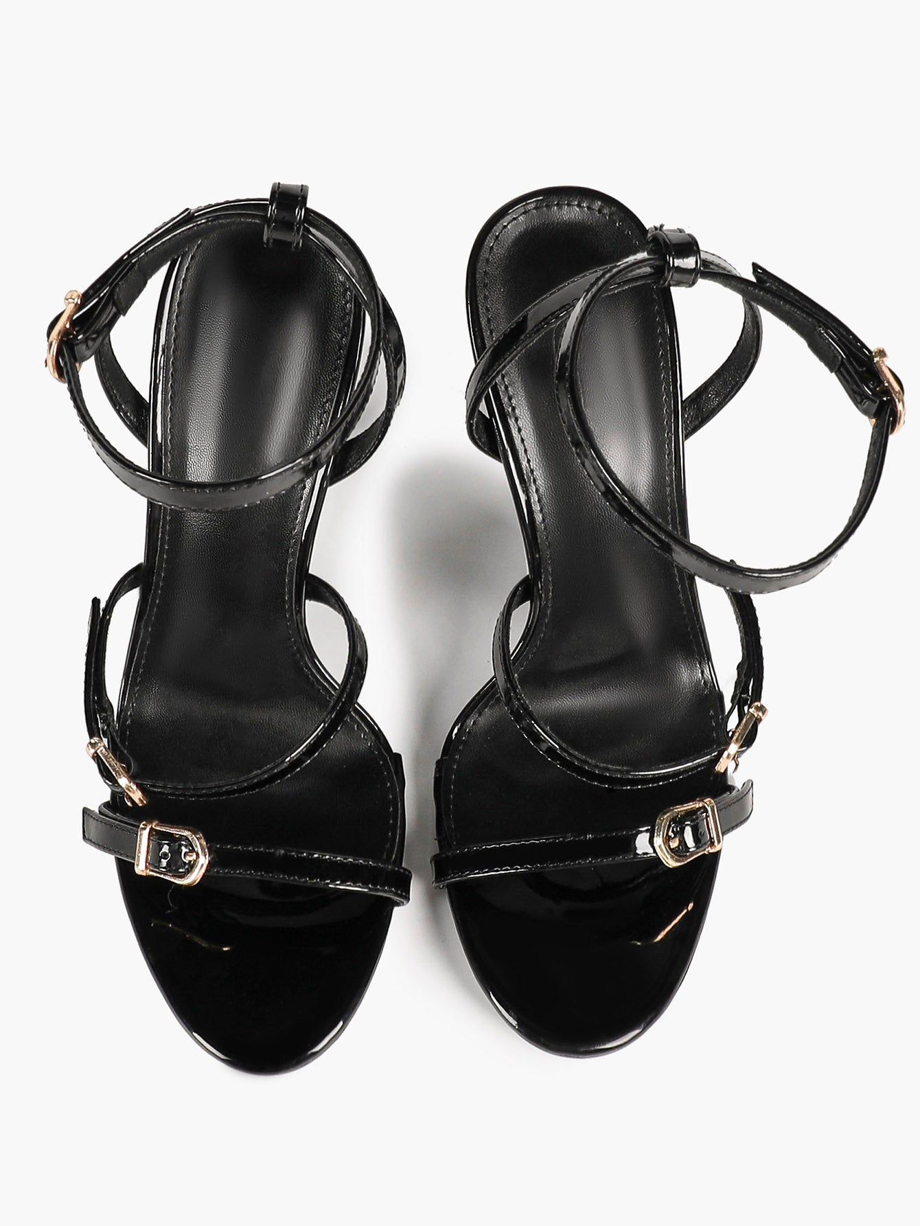 Black Patent Leather Open Toe Stiletto Sandals Ankle Strap with Double Buckles Tiered Heels Chic Daily Wear