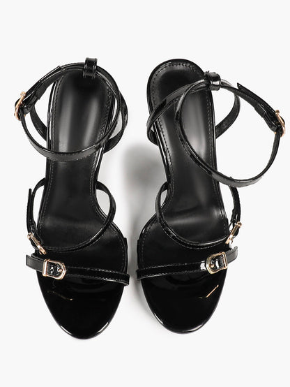 Black Patent Leather Open Toe Stiletto Sandals Ankle Strap with Double Buckles Tiered Heels Chic Daily Wear