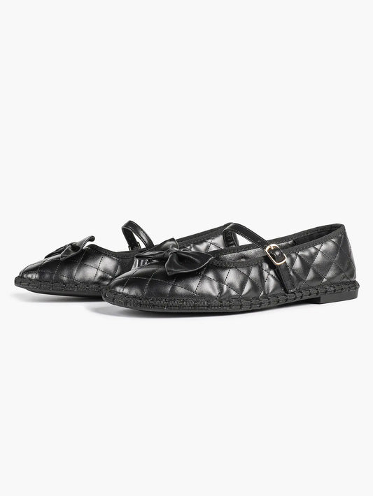 Women Round Toe Bow Quilted Mary Janes Flats Comfortable Casual Dress Shoes with Buckle Strap Casual Work Office Shoes YISHIFAN