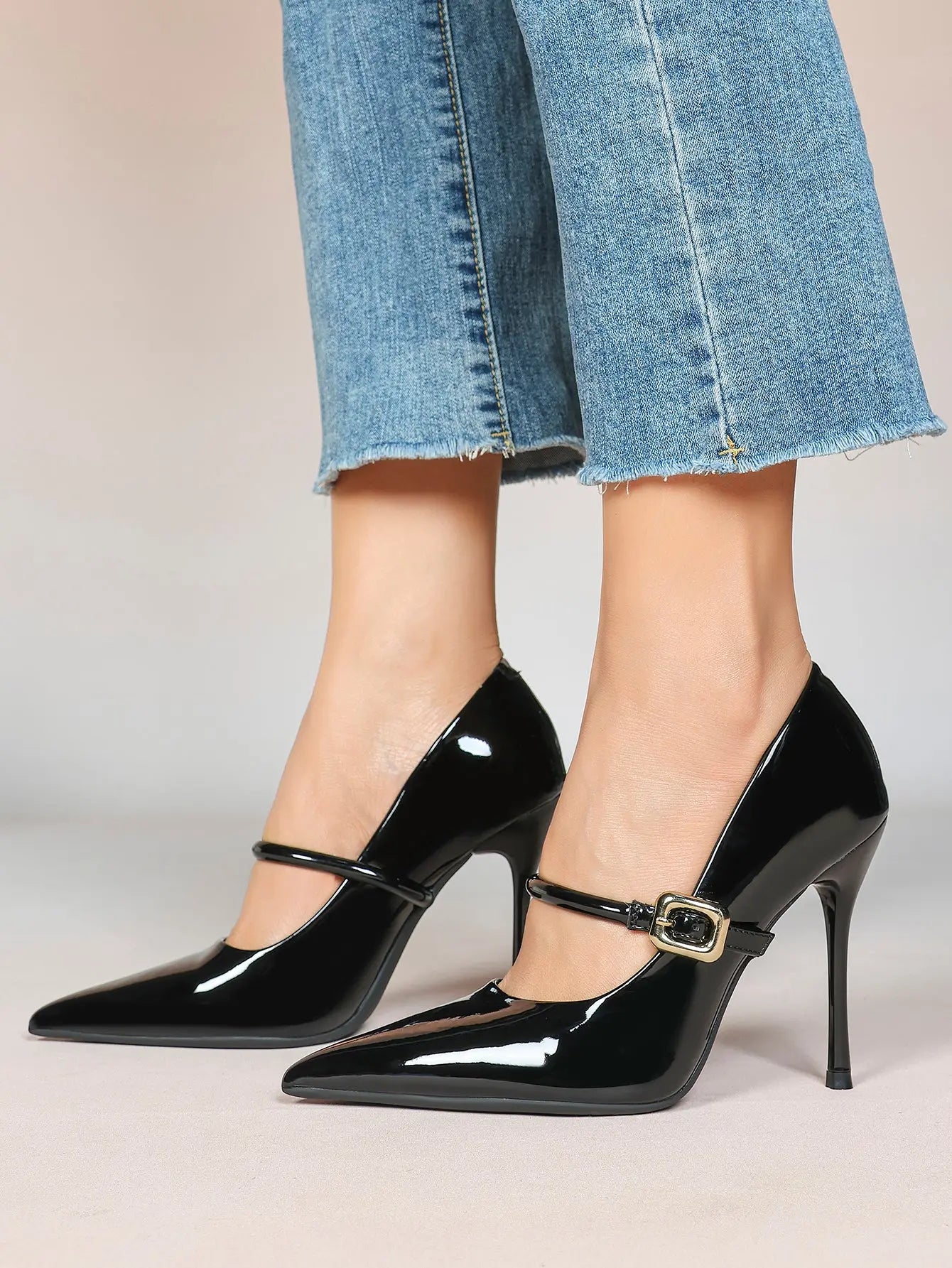 Women's Leather Stiletto Heels 4.13 Inch Pointed Toe Strap Pumps Shoes with Buckle for Casual Office YISHIFAN