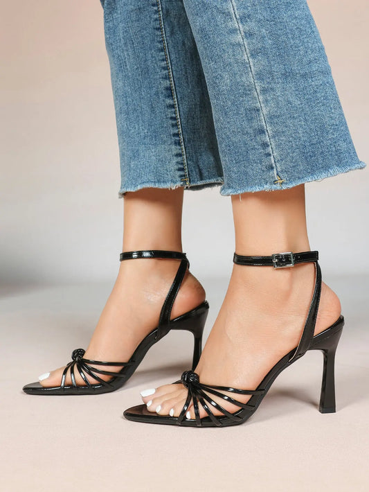 Women's Black Stiletto Heels 3.54 Inch Crisscross Strap Sandals Wedding Party Evening Dress Shoes YISHIFAN