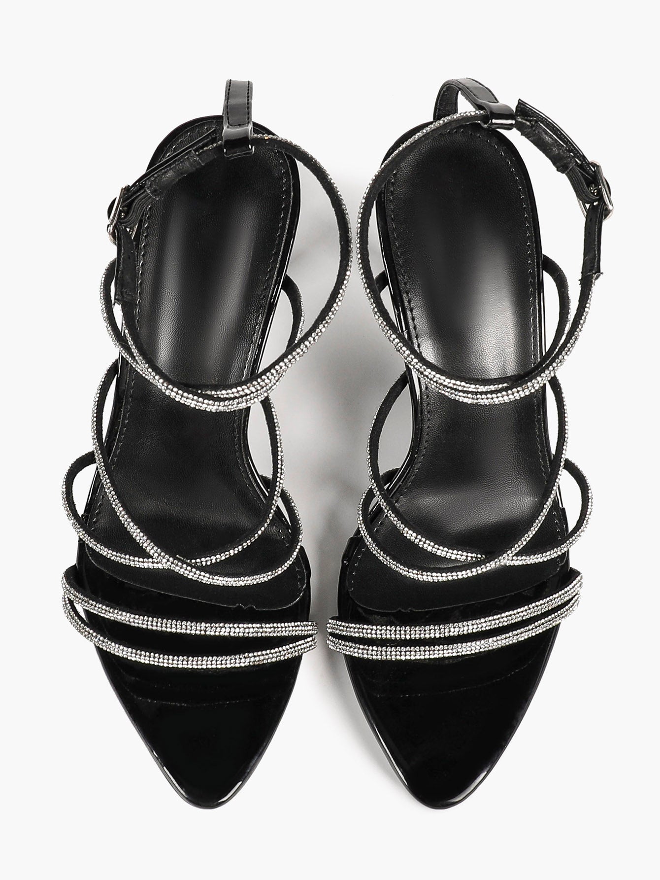 Black Patent Rhinestone Wraparound Strap Sandals Pointed Open Toe Stiletto Heels Night Out Party Shoes