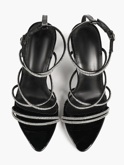 Black Patent Rhinestone Wraparound Strap Sandals Pointed Open Toe Stiletto Heels Night Out Party Shoes