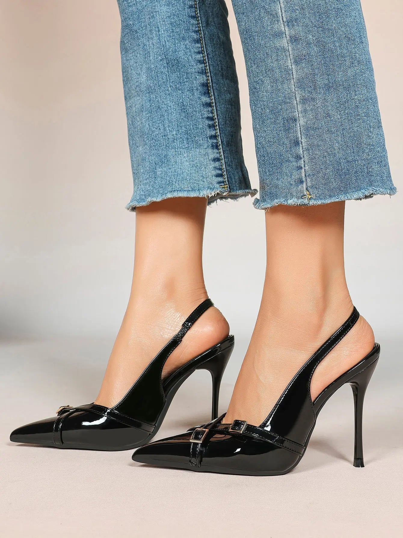 Women's Wine Red Patent Leather High-Heel Pointed Toe Ankle Strap Stiletto Heels Wedding Party Dress Shoes YISHIFAN