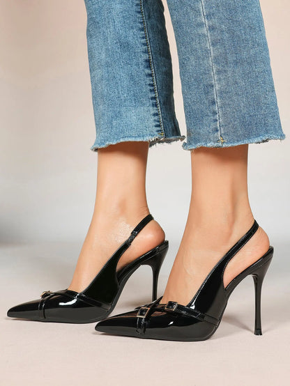 Women's Wine Red Patent Leather High-Heel Pointed Toe Ankle Strap Stiletto Heels Wedding Party Dress Shoes YISHIFAN