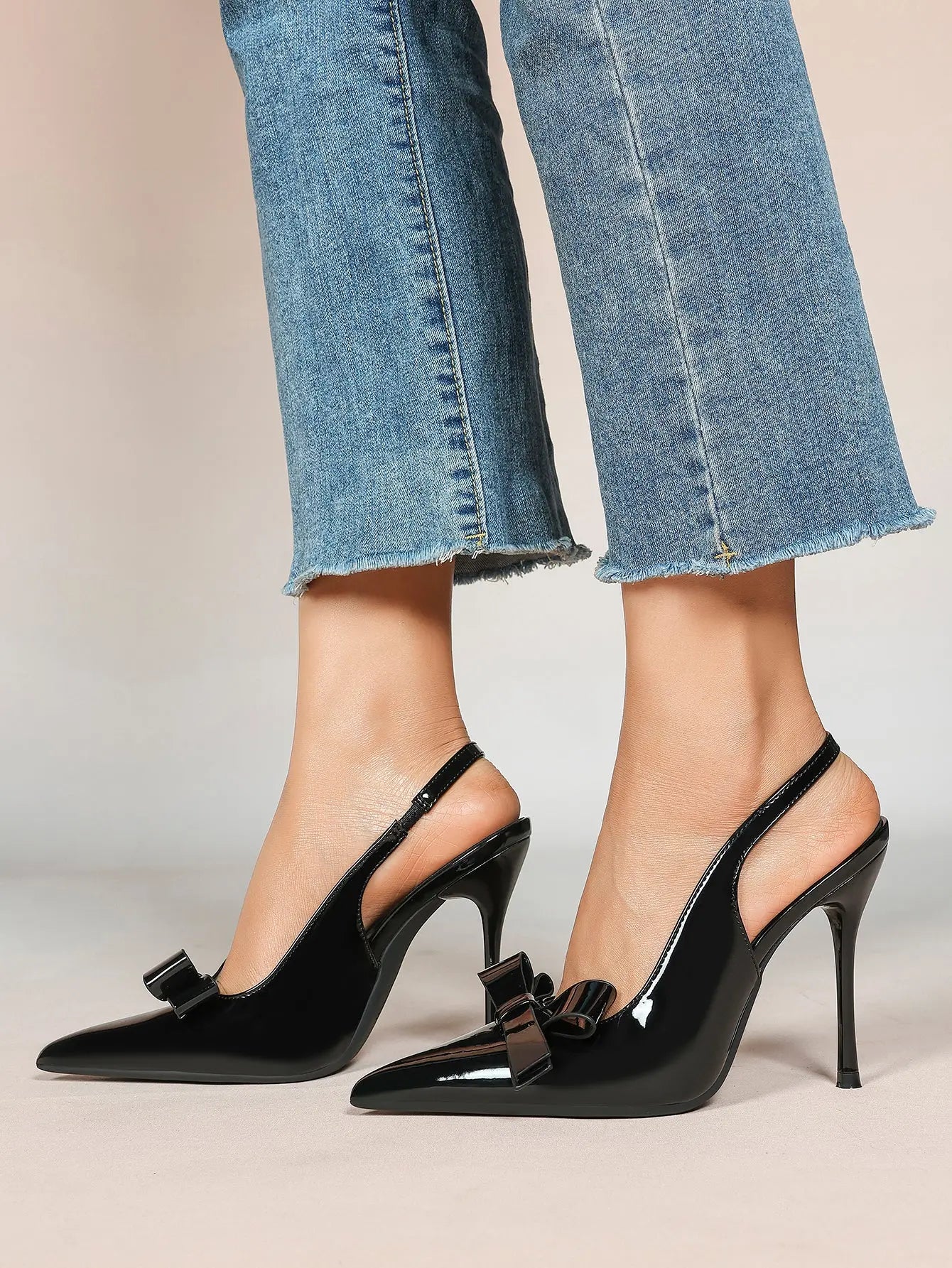 Women's Leather Bowknot High-Heel Closed Toe Pointed Toe Slingback Stiletto Heels Top-quality Shoes YISHIFAN