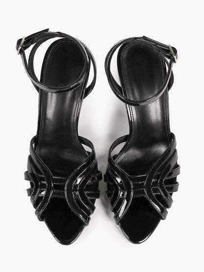 Black Patent Multi-Strap Stilettos Ankle Strap Open Toe Heeled Sandals Party Night Out Shoes