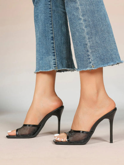 Women's Kitten Heels with Open Toe Square  Stiletto Sandals Slip On Mesh Mule Heels for Wedding Party YISHIFAN