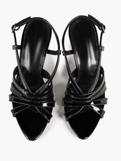 Women's Black Patent Leather Pointed Toe Stiletto Slingback Pumps Adjustable Buckle Office