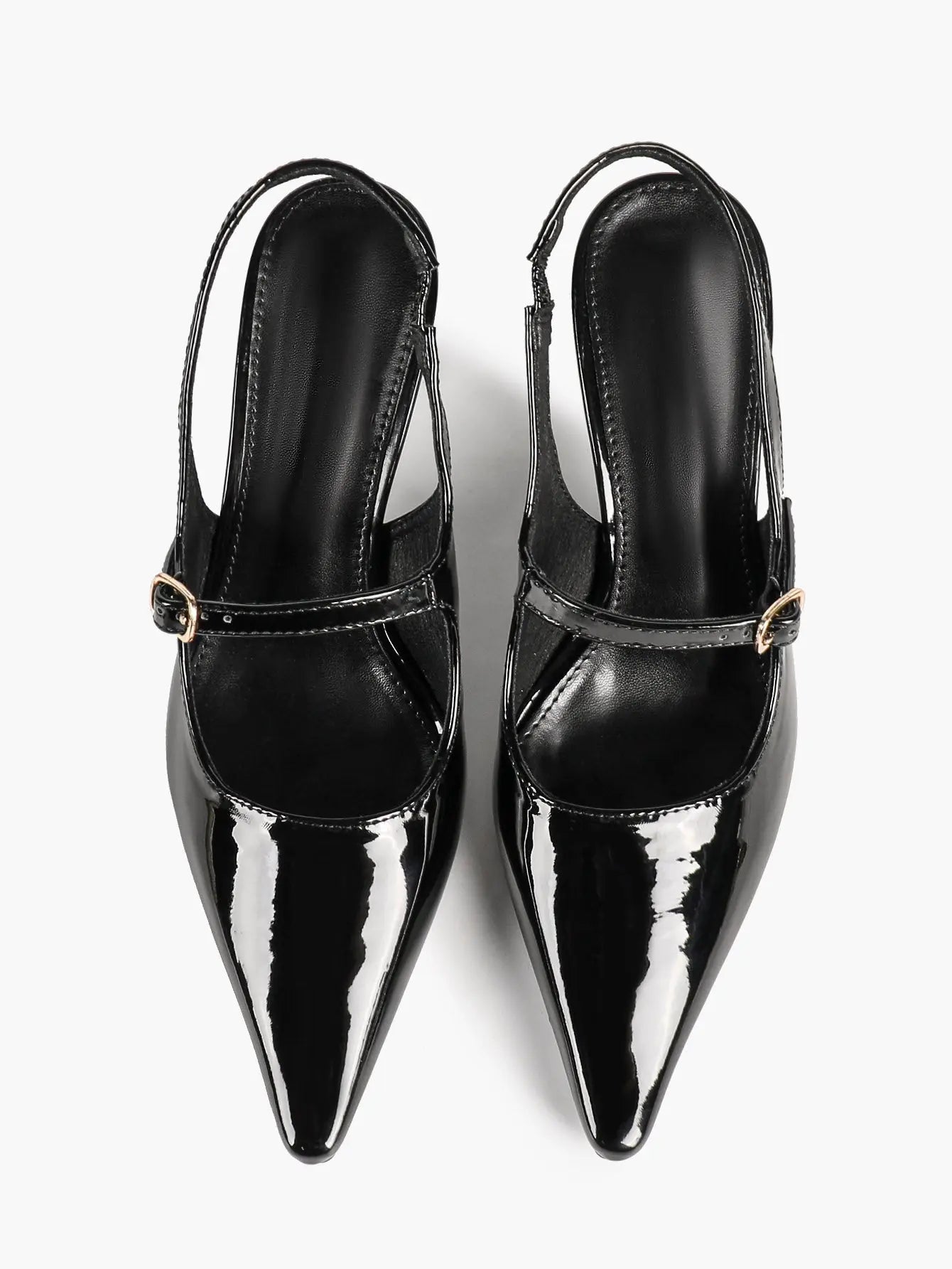 Black Slingback Pumps Patent Leather Pointed Toe Chunky High Heels Dress Shoes YISHIFAN