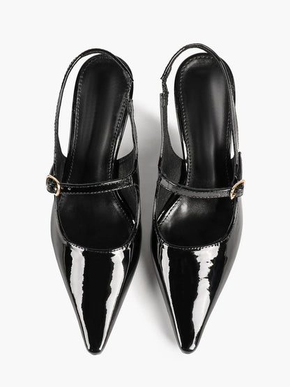 Black Slingback Pumps Patent Leather Pointed Toe Chunky High Heels Dress Shoes YISHIFAN