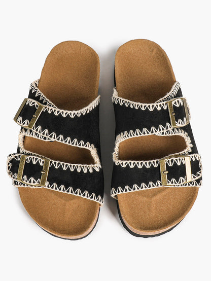 Taupe Suede-Effect Slides with Whipstitch Trim and Gold-Tone Buckles