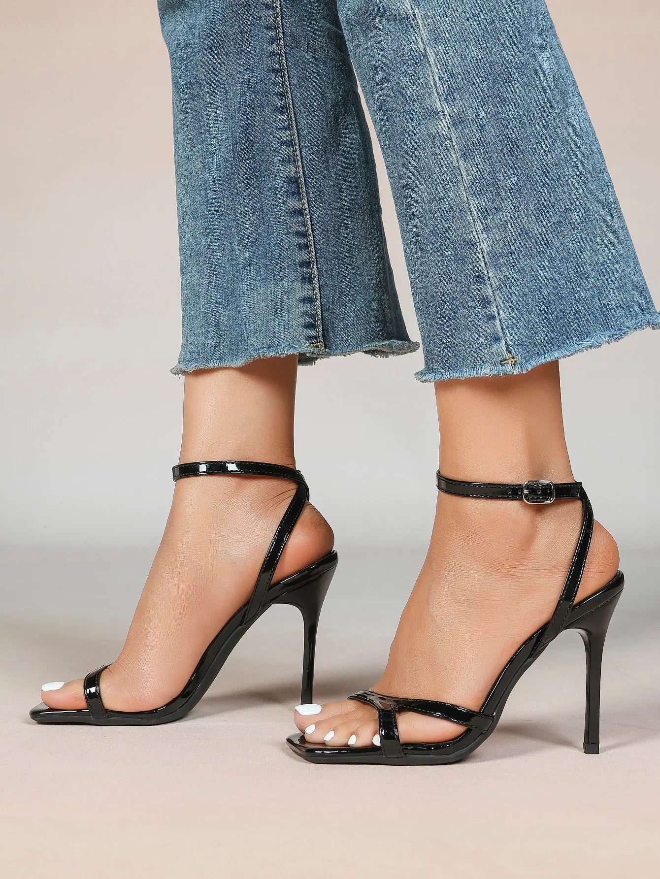 Women's Leather Adjustable Ankle Strap Stiletto Heels High Heels 4.13 Inch Heel Open Square Toe Sandals YISHIFAN