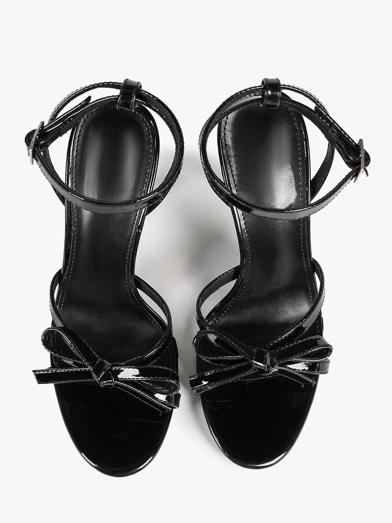 Black Patent Pointed Open Toe Stiletto Sandals Ankle Strap with Bow Detail Heels Office Casual Shoes