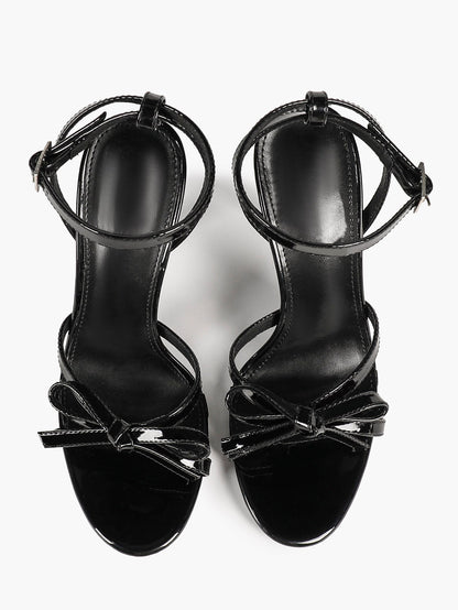 Black Patent Pointed Open Toe Stiletto Sandals Ankle Strap with Bow Detail Heels Office Casual Shoes