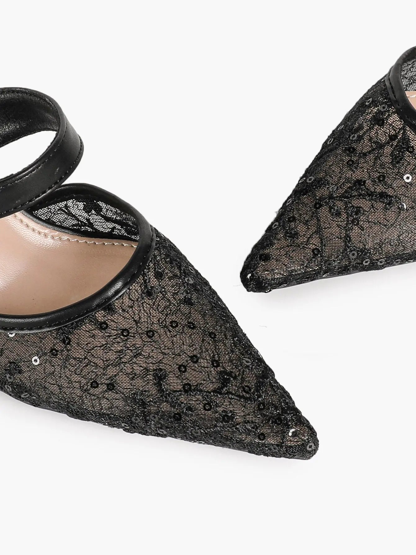 Black Sequin Lace Double Strap Kitten Heel  – Women's Pointed Toe Goblet Heel Slip-On YISHIFAN