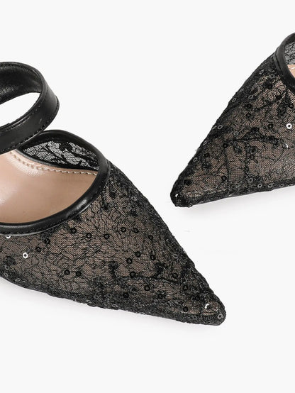 Black Sequin Lace Double Strap Kitten Heel  – Women's Pointed Toe Goblet Heel Slip-On YISHIFAN