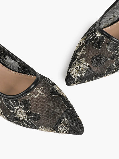 White & Gold Chrysanthemum Embroidery Mesh Pointed Toe Flats – Women's Metallic Floral Ballet Flat YISHIFAN