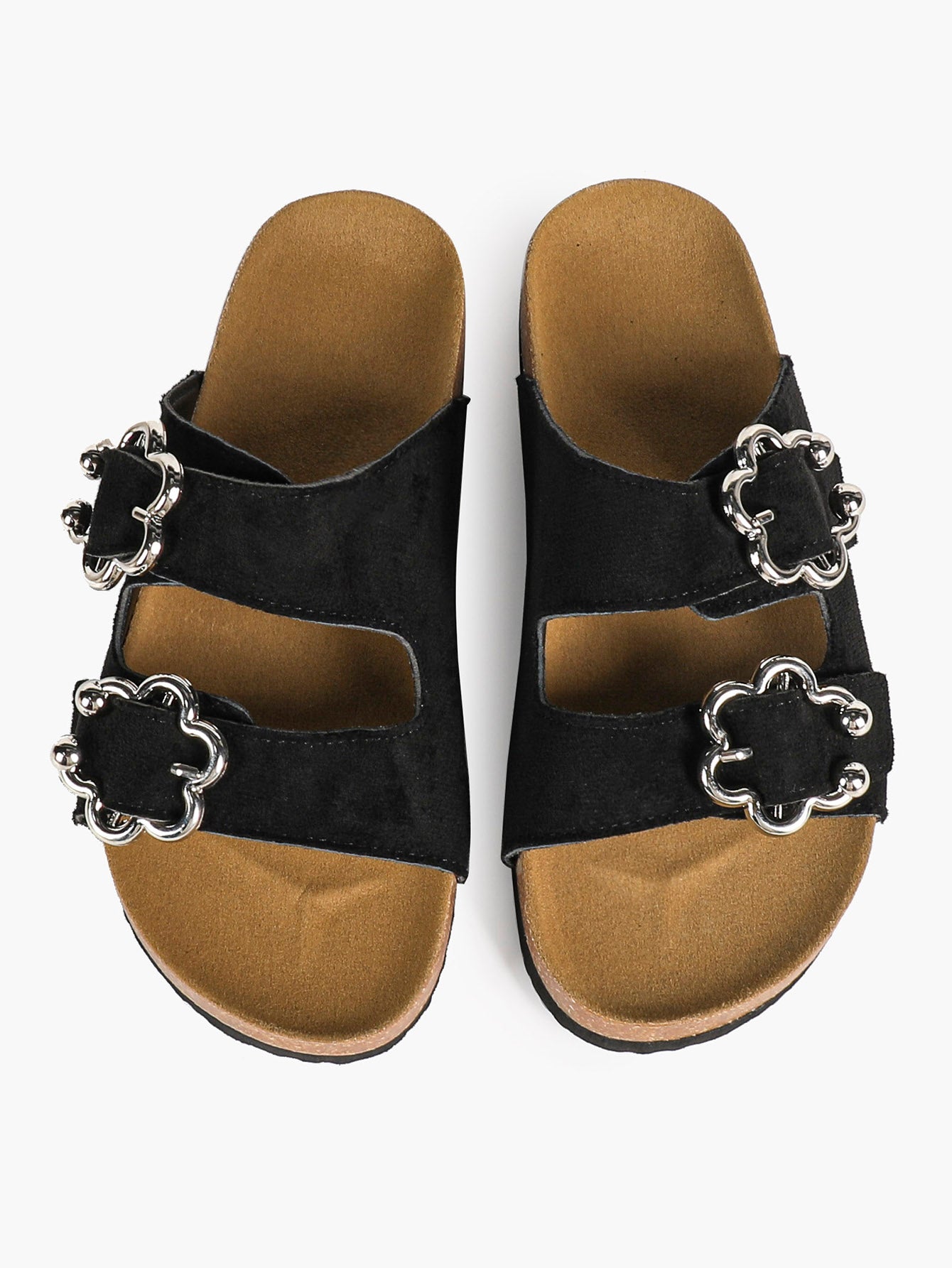 Black Suede Two-Strap Sandals with Silver Floral Buckles for Casual Summer Days