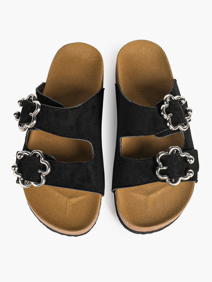 Black Suede Two-Strap Sandals with Silver Floral Buckles for Casual Summer Days