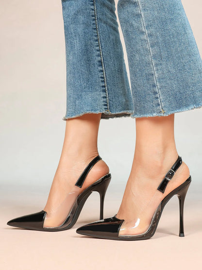 Women's Closed Pointed Toe Transparents Edge Stiletto Heel for Party Formal Dress Shoes YISHIFAN