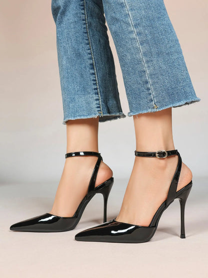 Women's Leather 4.13 INCH High-Heel Stiletto Pointed Toe Slingback Stiletto Heels for Elegant Scene YISHIFAN