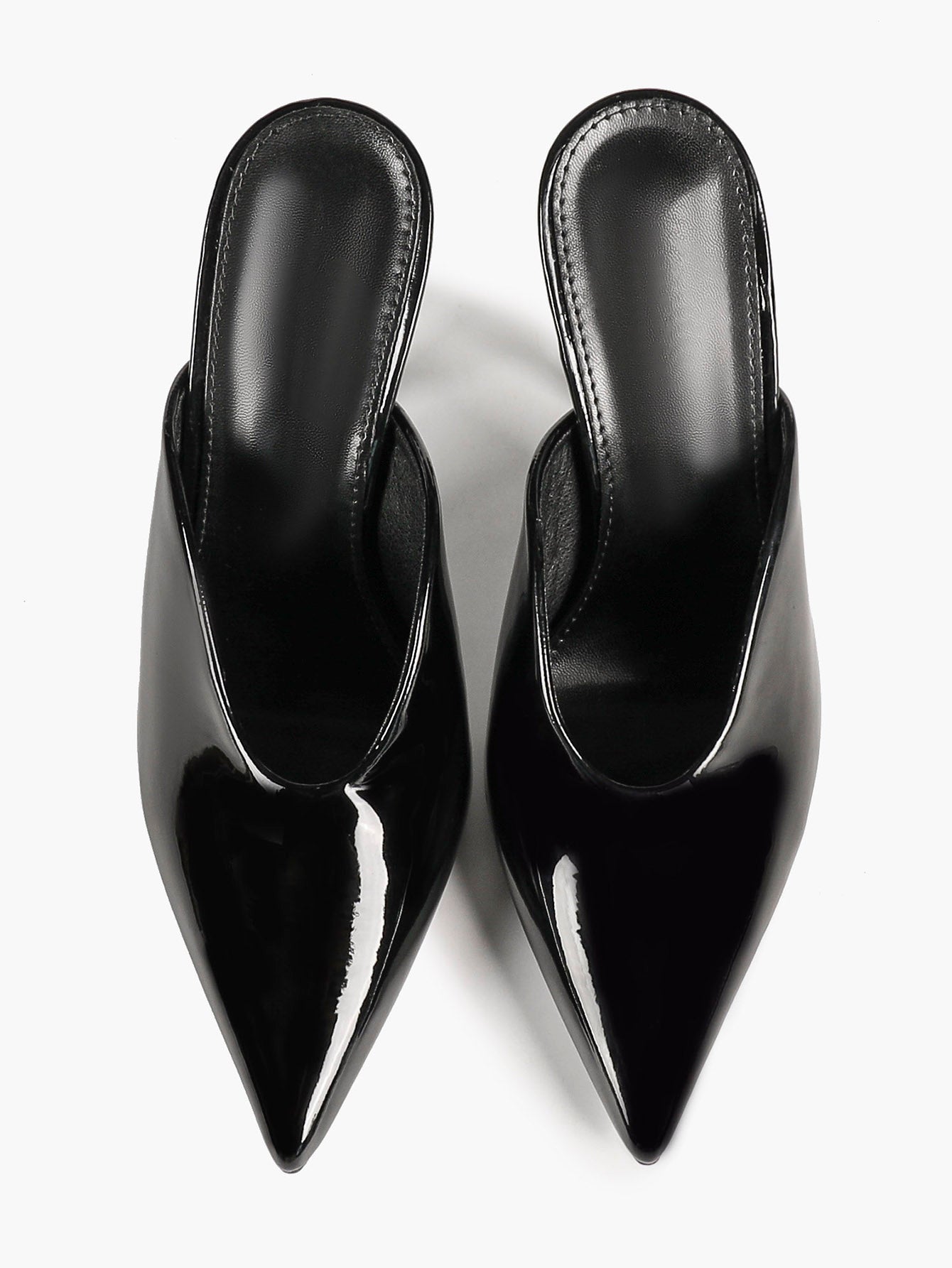 Trendy Black Patent Stiletto Mules - Pointed Toe Slip-On Heels for Modern Chic
