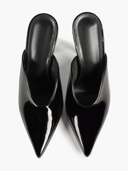 Trendy Black Patent Stiletto Mules - Pointed Toe Slip-On Heels for Modern Chic