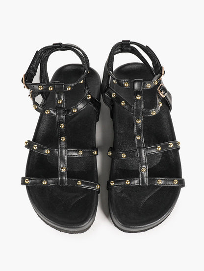 Black Multi-Strap Studded Sandals with Adjustable Ankle Buckles