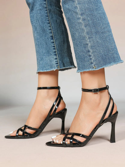 Leather Stiletto Heels for Women Open Pointed Toe Cross Ankle Strap Sandals for Wedding Party YISHIFAN