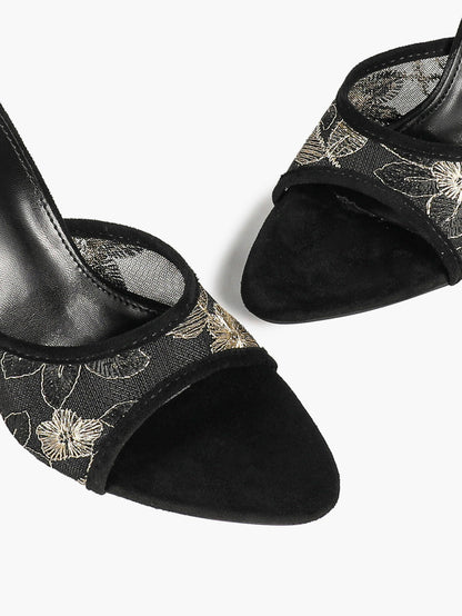 Beige Glitter Mesh Floral Embroidery Stiletto Mules Open Toe Slip-On Evening Party Club Shoes