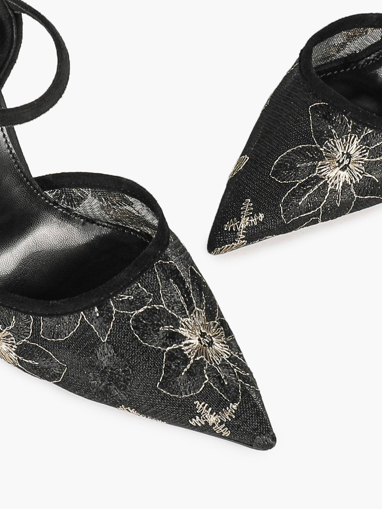 Sparkly Lace Pointed Toe Heels - 4.13" Ankle Strap Pumps with Non-Slip Sole