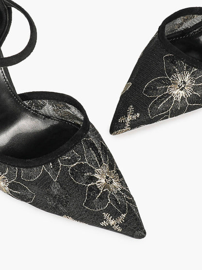 Sparkly Lace Pointed Toe Heels - 4.13" Ankle Strap Pumps with Non-Slip Sole