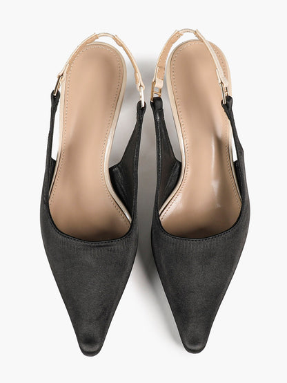 Black Satin Pointed Toe Slingback Pumps Beige Heel Contrast Strap Flared Heels Elegant Shoes