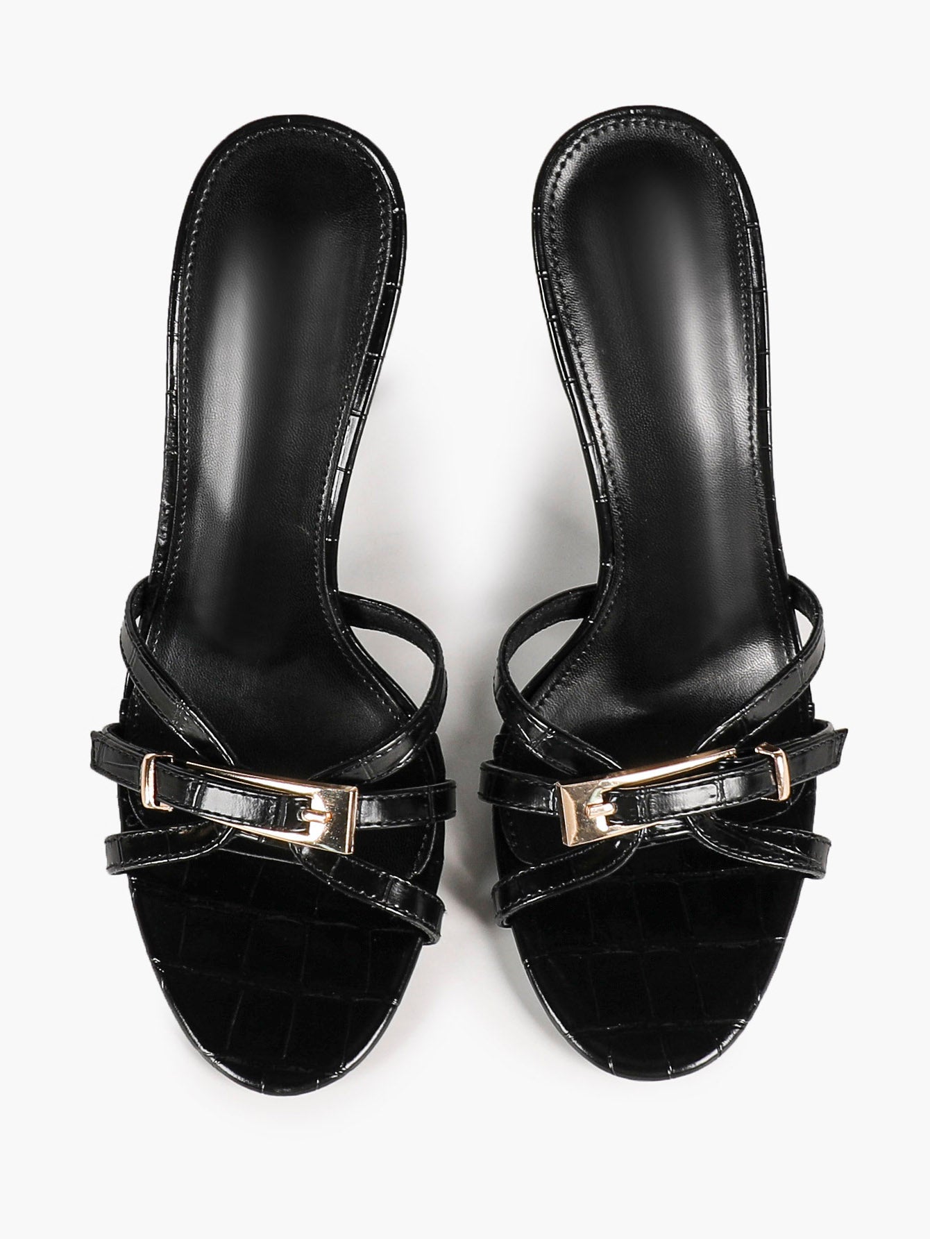 Black Croc Embossed Statement Buckle Stiletto Mules Slip-On Open Toe Party Shoes