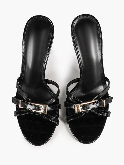 Black Croc Embossed Statement Buckle Stiletto Mules Slip-On Open Toe Party Shoes