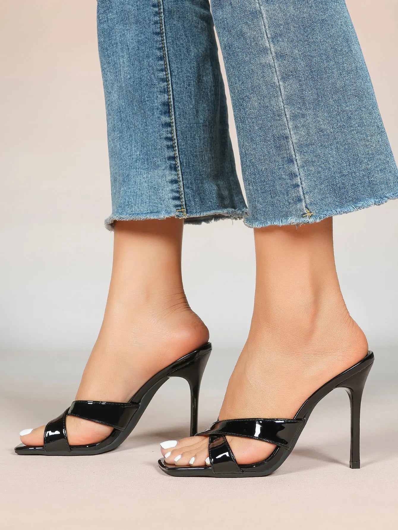 Women's Leather Mule Sandals Block Heel Cross Strap Slip with 3.74 Inch Heel For Daily Casual Office Dress Shoes YISHIFAN