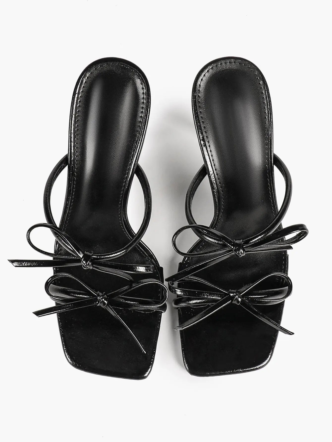 "Noir Bow" Patent Leather Bow-Detail Strappy Mule Stilettos – 10.5cm Square-Toe High Heels YISHIFAN