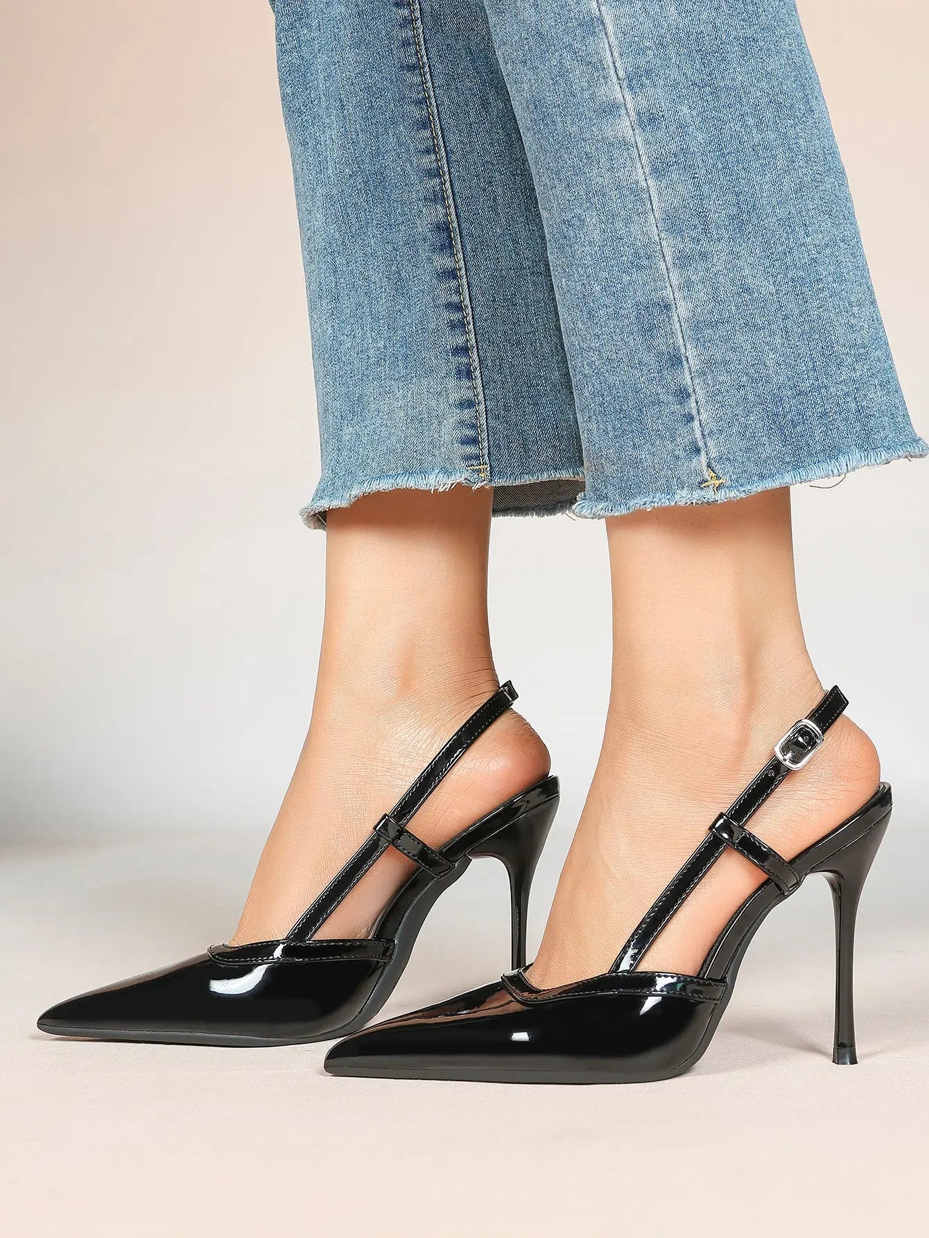 Women's Black Leather High-Heel Sandals Pointed Toe Stiletto Heels Office with for Wedding Party YISHIFAN
