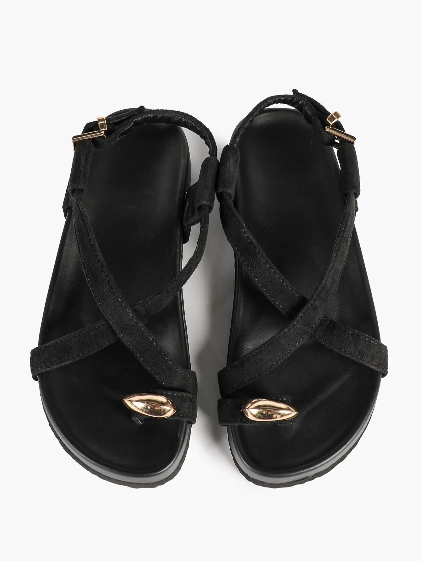 Women's Flat Platform Ankle Strap with Gold Hardware Black Crossover Toe Ring Sandals YISHIFAN