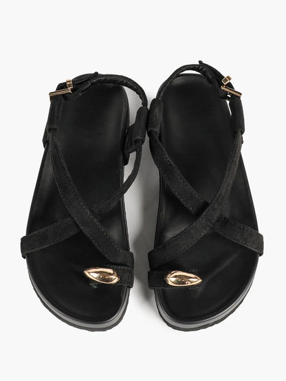 Women's Flat Platform Ankle Strap with Gold Hardware Black Crossover Toe Ring Sandals YISHIFAN