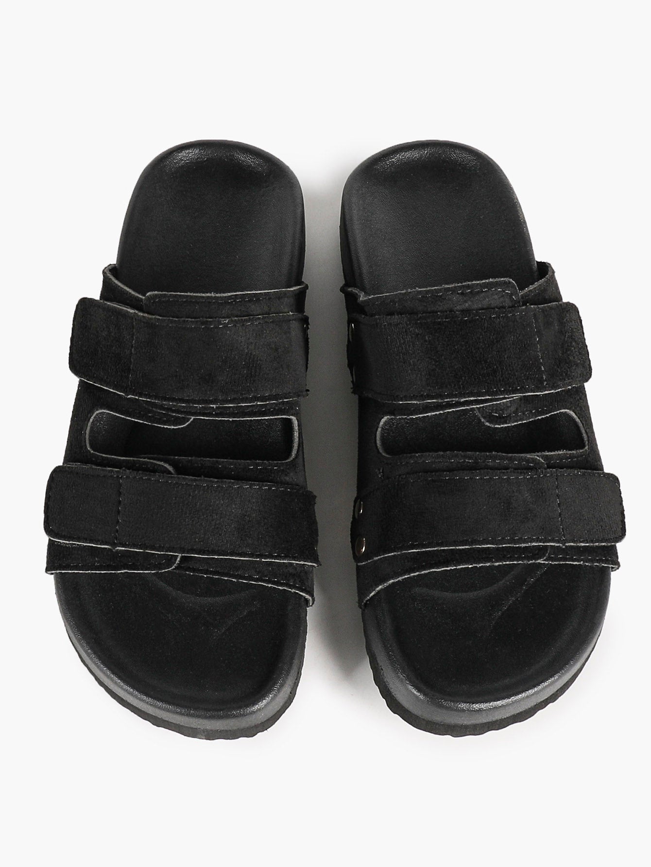Black Suede-Effect Double-Strap Velcro Slide Sandals with Cushioned Sole