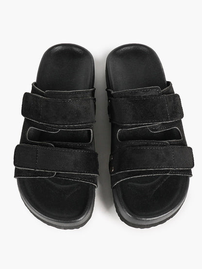 Black Suede-Effect Double-Strap Velcro Slide Sandals with Cushioned Sole