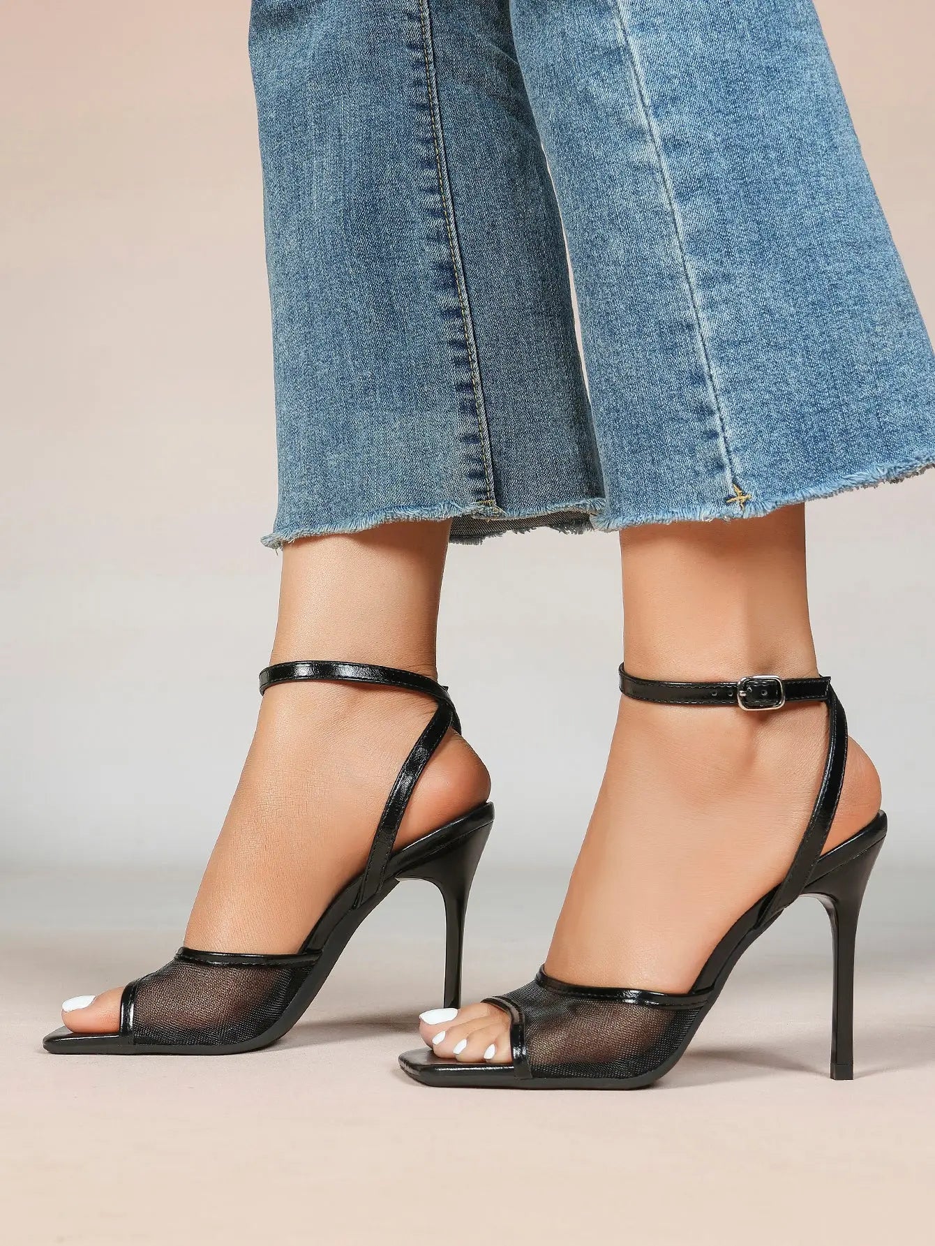 Women's Leather Mesh Ankle Strap Sandals Stiletto Heels Square Toe with 4.13 Inch Heel YISHIFAN