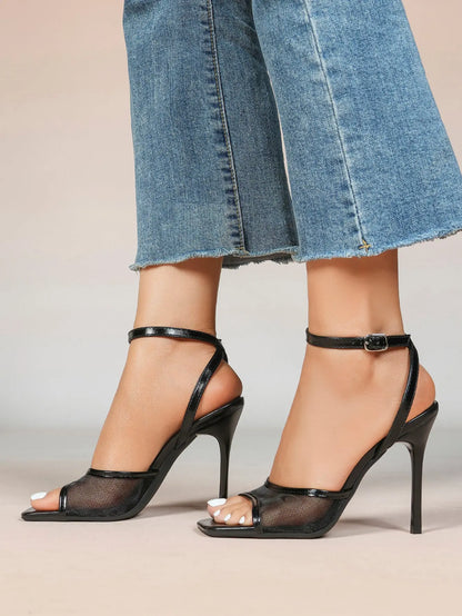 Women's Leather Mesh Ankle Strap Sandals Stiletto Heels Square Toe with 4.13 Inch Heel YISHIFAN