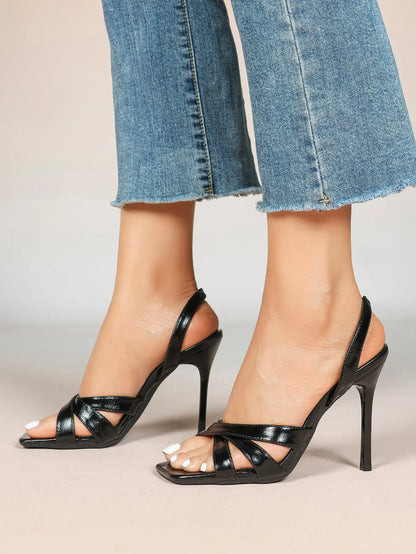 Women's White Leather Square-Toe Stiletto Heels Slingback Heels 3.74 Inch Cross-Strap Stiletto Sandals YISHIFAN